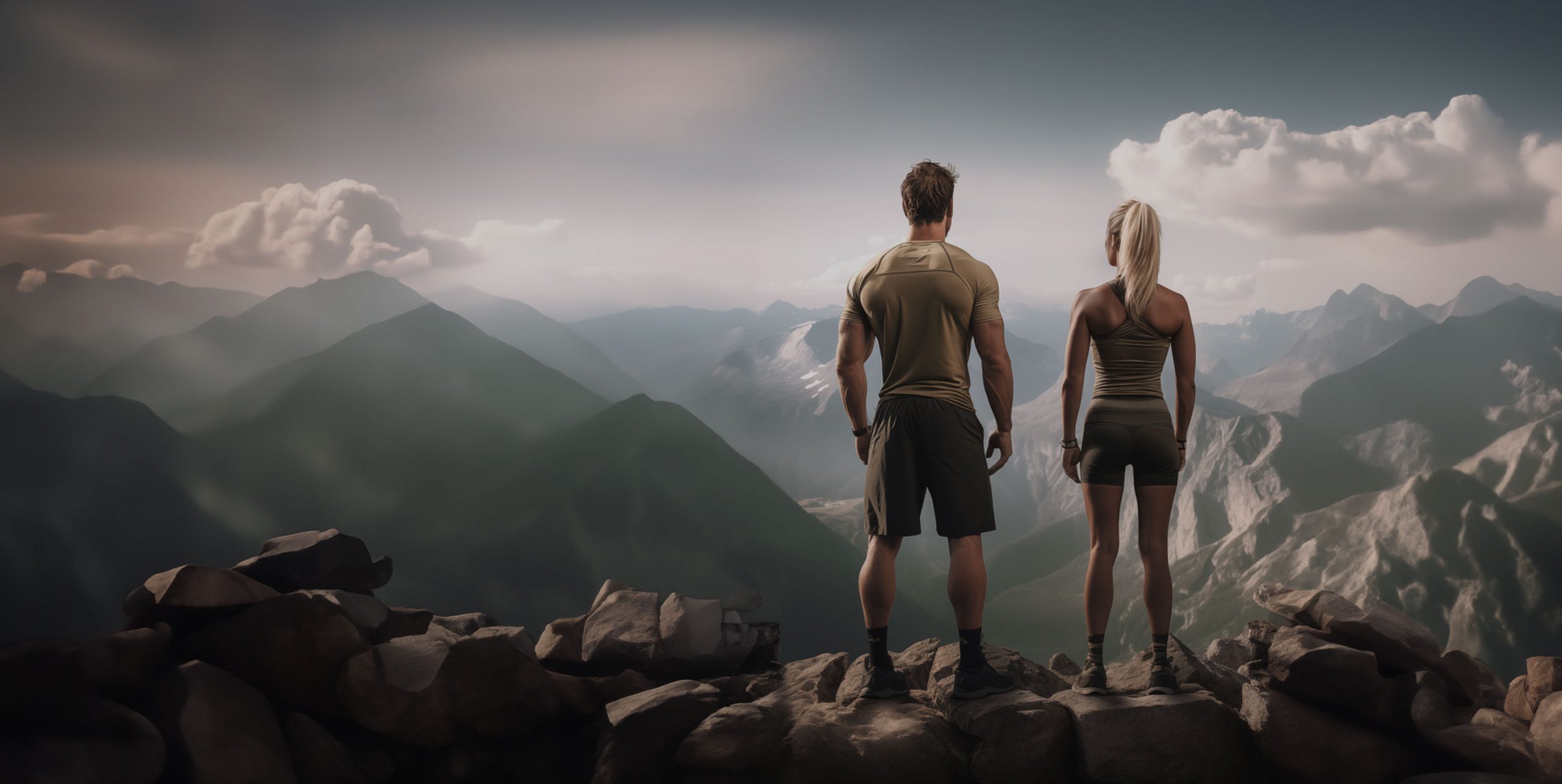 Active people overlooking a mountain landscape