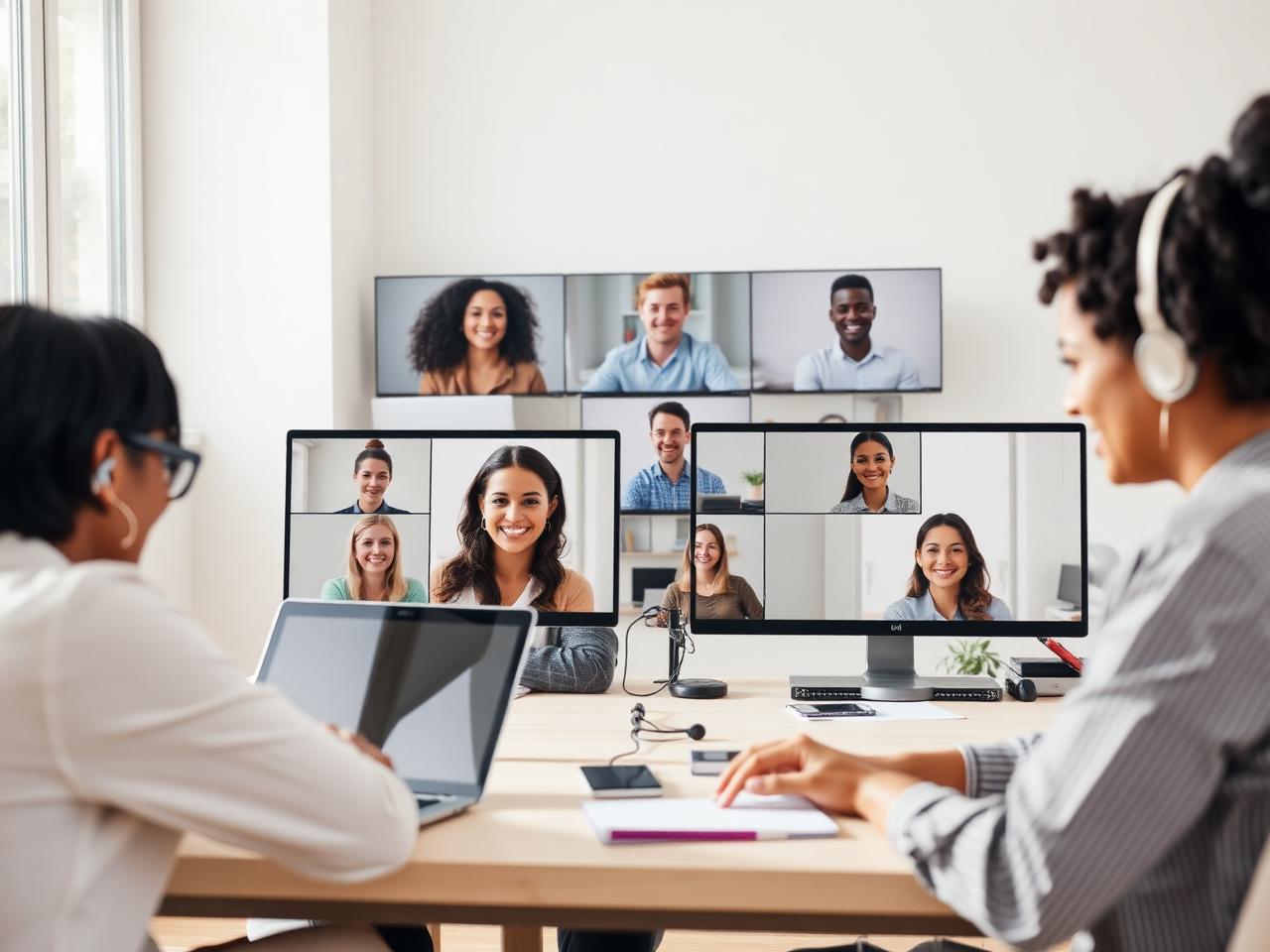 Remote employees connecting with colleagues by video call